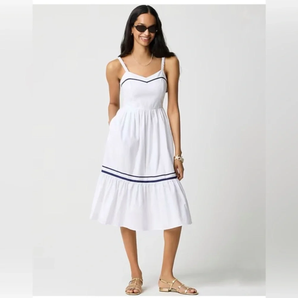 Brand New J. Crew Women’s Corset White Midi Dress with Blue Trim, Size 10, NWT - Picture 1 of 3